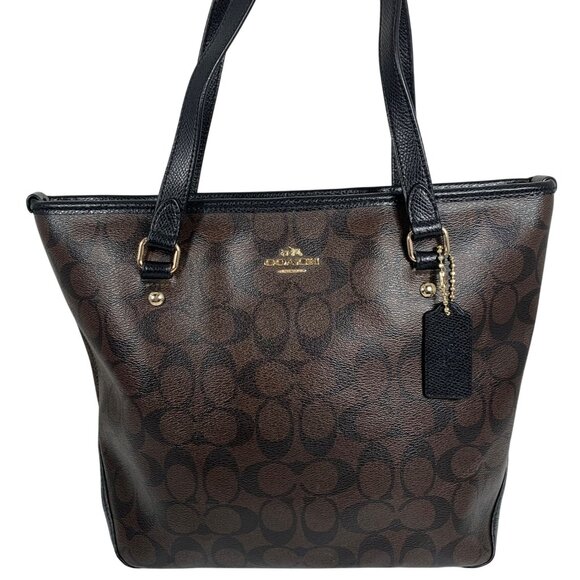 COACH Signature Zip Top Tote F34603 Brown/Black + Hang Tag Nice! - Picture 1 of 11